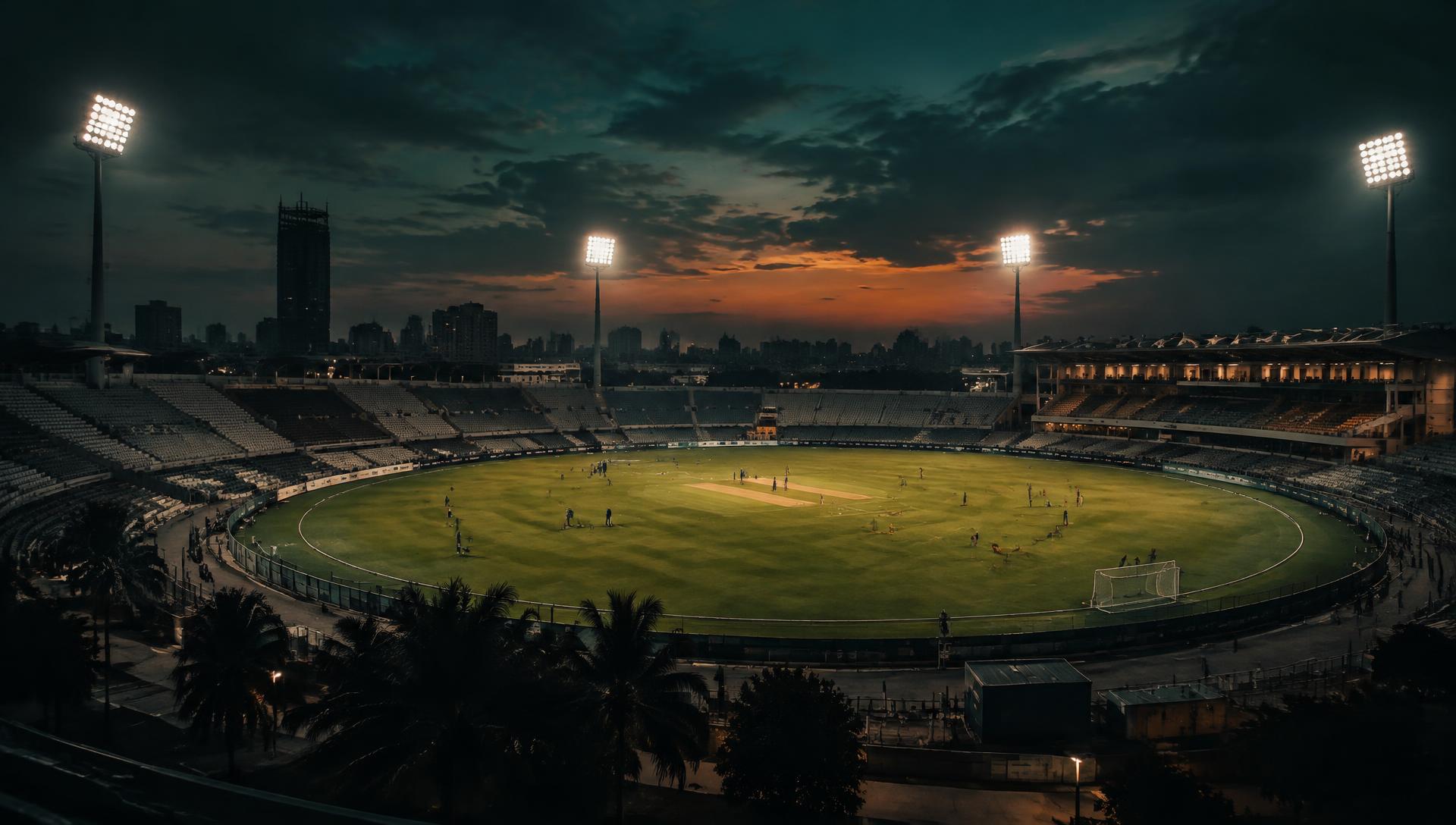Floodlit stadium at dusk in Bangladesh with athletes training